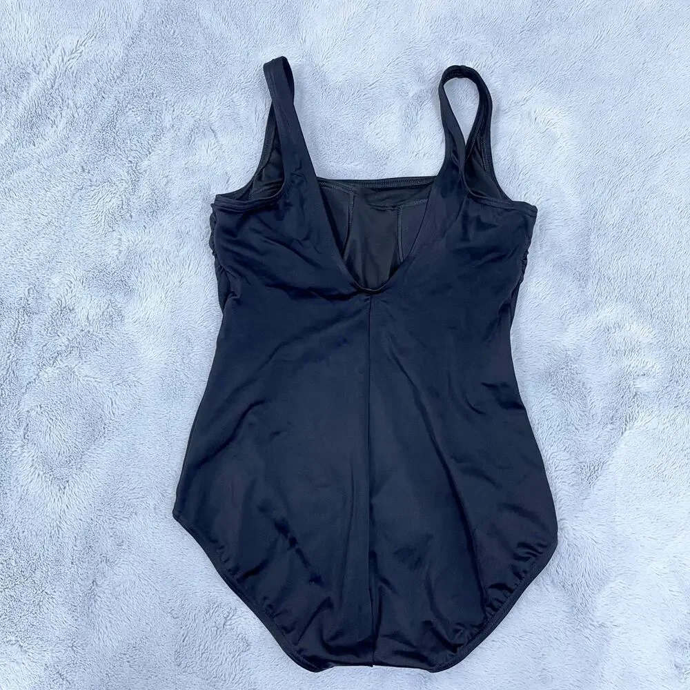 Lands End Scoop Neck Tugless One Piece Swimsuit Black Padded Soft Bra Womens 8